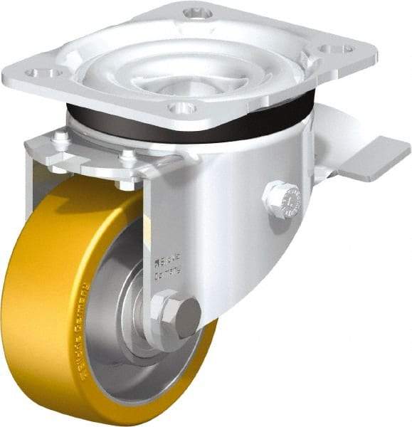 Blickle - 3" Diam x 1-11/64" Wide x 4-21/64" OAH Top Plate Mount Swivel Caster with Brake - Polyurethane-Elastomer Blickle Extrathane, 396 Lb Capacity, Ball Bearing, 3-15/16 x 3-3/8" Plate - Exact Industrial Supply