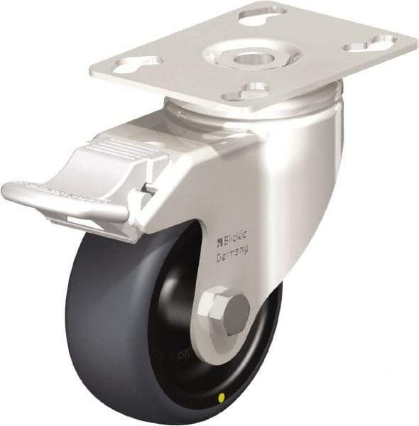Blickle - 3" Diam x 1-1/4" Wide x 4-3/8" OAH Top Plate Mount Swivel Caster with Brake - Thermoplastic Rubber Elastomer (TPE), 143 Lb Capacity, Plain Bore Bearing, 3-9/16 x 2-5/8" Plate - Exact Industrial Supply