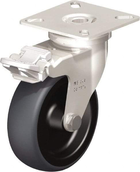 Blickle - 3" Diam x 63/64" Wide x 3-15/16" OAH Top Plate Mount Swivel Caster with Brake - Thermoplastic Rubber Elastomer (TPE), 165 Lb Capacity, Plain Bore Bearing, 2-3/8 x 2-3/8" Plate - Exact Industrial Supply