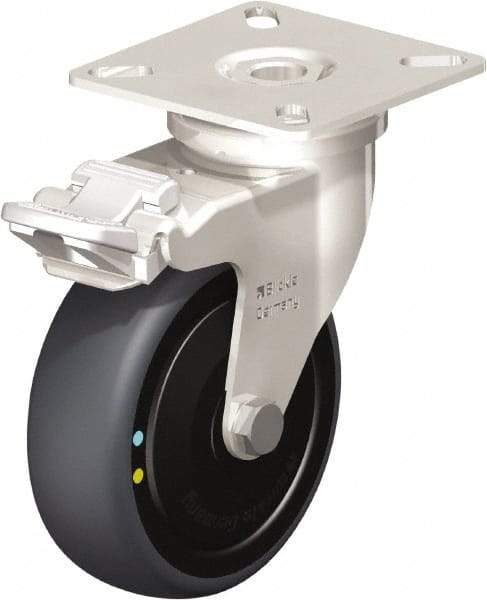 Blickle - 3" Diam x 63/64" Wide x 3-15/16" OAH Top Plate Mount Swivel Caster with Brake - Thermoplastic Rubber Elastomer (TPE), 110 Lb Capacity, Ball Bearing, 2-3/8 x 2-3/8" Plate - Exact Industrial Supply