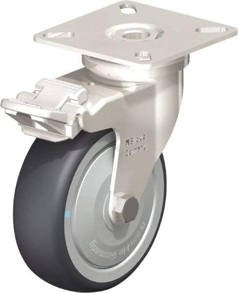 Blickle - 3" Diam x 63/64" Wide x 3-15/16" OAH Top Plate Mount Swivel Caster with Brake - Thermoplastic Rubber Elastomer (TPE), 165 Lb Capacity, Ball Bearing, 2-3/8 x 2-3/8" Plate - Exact Industrial Supply