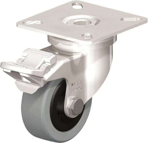 Blickle - 2" Diam x 45/64" Wide x 2-51/64" OAH Top Plate Mount Swivel Caster with Brake - Solid Rubber, 88 Lb Capacity, Plain Bore Bearing, 2-3/8 x 2-3/8" Plate - Exact Industrial Supply