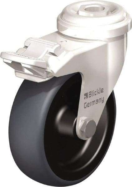 Blickle - 3" Diam x 63/64" Wide x 3-27/32" OAH Hollow Kingpin Mount Swivel Caster with Brake - Thermoplastic Rubber Elastomer (TPE), 165 Lb Capacity, Plain Bore Bearing, Hollow Kingpin Stem - Exact Industrial Supply