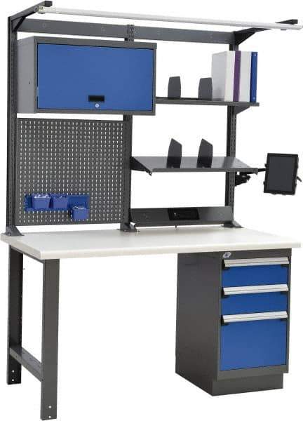 Rousseau Metal - 3 Drawer, 2 Shelf Workstation - 775 Lb Capacity, Plastic Top, Avalanche Blue, 60" Wide x 80" High x 30" Long - Exact Industrial Supply