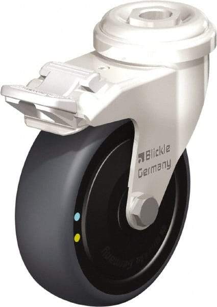 Blickle - 3" Diam x 63/64" Wide x 3-27/32" OAH Hollow Kingpin Mount Swivel Caster with Brake - Thermoplastic Rubber Elastomer (TPE), 110 Lb Capacity, Ball Bearing, Hollow Kingpin Stem - Exact Industrial Supply