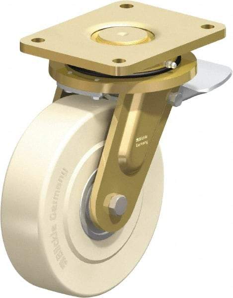 Blickle - 8" Diam x 2-5/32" Wide x 10-1/32" OAH Top Plate Mount Swivel Caster with Brake - Impact-Resistant Cast Nylon, 6,600 Lb Capacity, Ball Bearing, 6-7/8 x 5-1/2" Plate - Exact Industrial Supply