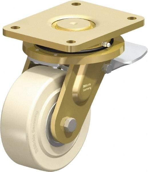 Blickle - 6" Diam x 2-5/32" Wide x 8-5/64" OAH Top Plate Mount Swivel Caster with Brake - Impact-Resistant Cast Nylon, 5,500 Lb Capacity, Ball Bearing, 6-7/8 x 5-1/2" Plate - Exact Industrial Supply