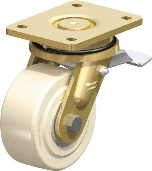 Blickle - 5" Diam x 2-5/32" Wide x 6-11/16" OAH Top Plate Mount Swivel Caster with Brake - Impact-Resistant Cast Nylon, 3,850 Lb Capacity, Ball Bearing, 5-1/2 x 4-3/8" Plate - Exact Industrial Supply