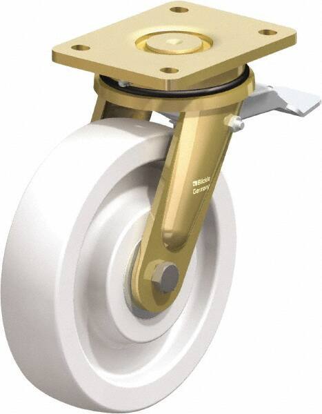 Blickle - 8" Diam x 1-31/32" Wide x 9-41/64" OAH Top Plate Mount Swivel Caster with Brake - Impact-Resistant Nylon, 3,300 Lb Capacity, Ball Bearing, 5-1/2 x 4-3/8" Plate - Exact Industrial Supply