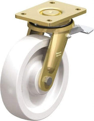 Blickle - 8" Diam x 1-31/32" Wide x 9-41/64" OAH Top Plate Mount Swivel Caster with Brake - Impact-Resistant Nylon, 3,300 Lb Capacity, Plain Bore Bearing, 5-1/2 x 4-3/8" Plate - Exact Industrial Supply