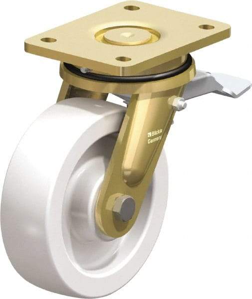 Blickle - 6-1/2" Diam x 1-31/32" Wide x 8-1/16" OAH Top Plate Mount Swivel Caster with Brake - Impact-Resistant Nylon, 1,870 Lb Capacity, Plain Bore Bearing, 5-1/2 x 4-3/8" Plate - Exact Industrial Supply