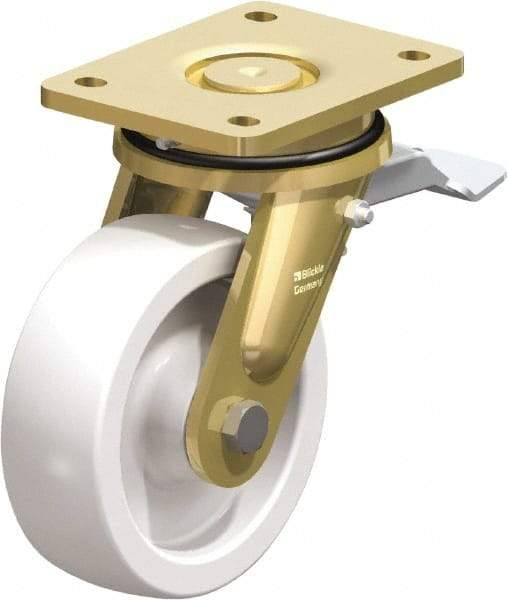 Blickle - 6" Diam x 1-31/32" Wide x 7-7/8" OAH Top Plate Mount Swivel Caster with Brake - Impact-Resistant Nylon, 1,760 Lb Capacity, Plain Bore Bearing, 5-1/2 x 4-3/8" Plate - Exact Industrial Supply