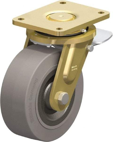 Blickle - 8" Diam x 3-9/64" Wide x 10-1/32" OAH Top Plate Mount Swivel Caster with Brake - Solid Rubber, 1,870 Lb Capacity, Ball Bearing, 6-7/8 x 5-1/2" Plate - Exact Industrial Supply