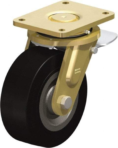 Blickle - 8" Diam x 3-9/64" Wide x 10-1/32" OAH Top Plate Mount Swivel Caster with Brake - Solid Rubber, 1,870 Lb Capacity, Ball Bearing, 6-7/8 x 5-1/2" Plate - Exact Industrial Supply