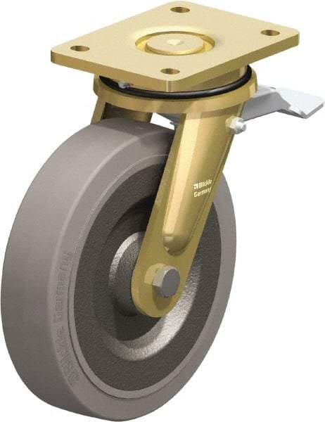 Blickle - 8" Diam x 1-31/32" Wide x 9-41/64" OAH Top Plate Mount Swivel Caster with Brake - Solid Rubber, 1,320 Lb Capacity, Ball Bearing, 5-1/2 x 4-3/8" Plate - Exact Industrial Supply