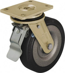 Blickle - 10" Diam x 2-23/64" Wide x 12" OAH Top Plate Mount Swivel Caster with Brake - Solid Rubber, 1,870 Lb Capacity, Ball Bearing, 6-7/8 x 5-1/2" Plate - Exact Industrial Supply