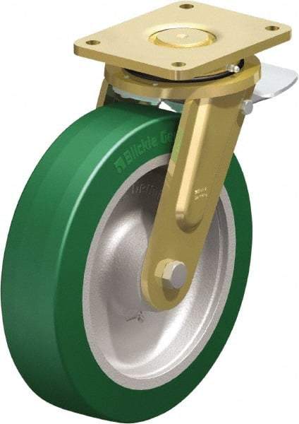 Blickle - 12" Diam x 3-9/64" Wide x 13-31/32" OAH Top Plate Mount Swivel Caster with Brake - Polyurethane-Elastomer Blickle Softhane, 3,960 Lb Capacity, Ball Bearing, 6-7/8 x 5-1/2" Plate - Exact Industrial Supply
