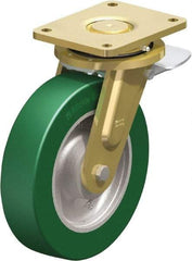 Blickle - 10" Diam x 2-23/64" Wide x 12" OAH Top Plate Mount Swivel Caster with Brake - Polyurethane-Elastomer Blickle Softhane, 2,640 Lb Capacity, Ball Bearing, 6-7/8 x 5-1/2" Plate - Exact Industrial Supply