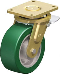 Blickle - 8" Diam x 3-9/64" Wide x 10-1/32" OAH Top Plate Mount Swivel Caster with Brake - Polyurethane-Elastomer Blickle Softhane, 2,640 Lb Capacity, Ball Bearing, 6-7/8 x 5-1/2" Plate - Exact Industrial Supply