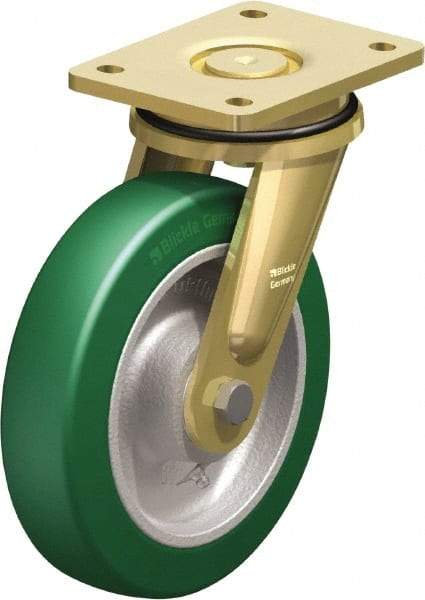 Blickle - 8" Diam x 1-31/32" Wide x 9-41/64" OAH Top Plate Mount Swivel Caster - Polyurethane-Elastomer Blickle Softhane, 1,760 Lb Capacity, Ball Bearing, 5-1/2 x 4-3/8" Plate - Exact Industrial Supply