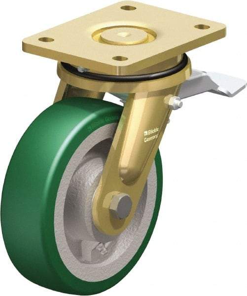 Blickle - 6-1/2" Diam x 1-31/32" Wide x 8-5/64" OAH Top Plate Mount Swivel Caster with Brake - Polyurethane-Elastomer Blickle Softhane, 1,320 Lb Capacity, Ball Bearing, 5-1/2 x 4-3/8" Plate - Exact Industrial Supply