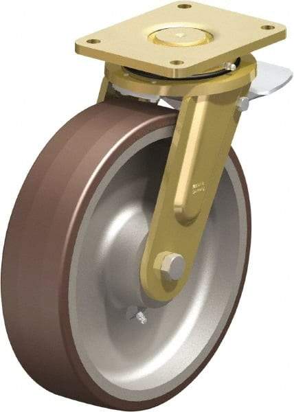 Blickle - 12" Diam x 3-9/64" Wide x 13-31/32" OAH Top Plate Mount Swivel Caster with Brake - Polyurethane-Elastomer Blickle Besthane, 5,280 Lb Capacity, Ball Bearing, 6-7/8 x 5-1/2" Plate - Exact Industrial Supply