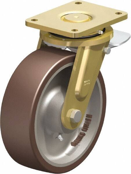 Blickle - 10" Diam x 3-9/64" Wide x 12" OAH Top Plate Mount Swivel Caster with Brake - Polyurethane-Elastomer Blickle Besthane, 3,960 Lb Capacity, Ball Bearing, 6-7/8 x 5-1/2" Plate - Exact Industrial Supply
