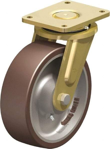 Blickle - 10" Diam x 3-9/64" Wide x 12" OAH Top Plate Mount Swivel Caster - Polyurethane-Elastomer Blickle Besthane, 3,960 Lb Capacity, Ball Bearing, 6-7/8 x 5-1/2" Plate - Exact Industrial Supply