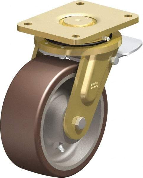 Blickle - 8" Diam x 3-9/64" Wide x 10-1/32" OAH Top Plate Mount Swivel Caster with Brake - Polyurethane-Elastomer Blickle Besthane, 3,520 Lb Capacity, Ball Bearing, 6-7/8 x 5-1/2" Plate - Exact Industrial Supply