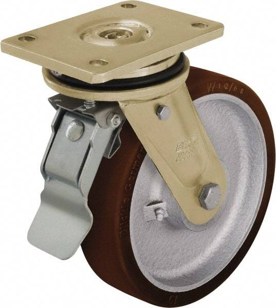Blickle - 8" Diam x 1-31/32" Wide x 9-41/64" OAH Top Plate Mount Swivel Caster with Brake - Polyurethane-Elastomer Blickle Besthane, 2,200 Lb Capacity, Ball Bearing, 5-1/2 x 4-3/8" Plate - Exact Industrial Supply