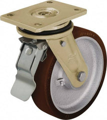 Blickle - 6-1/2" Diam x 1-31/32" Wide x 8-5/64" OAH Top Plate Mount Swivel Caster with Brake - Polyurethane-Elastomer Blickle Besthane, 1,760 Lb Capacity, Ball Bearing, 5-1/2 x 4-3/8" Plate - Exact Industrial Supply