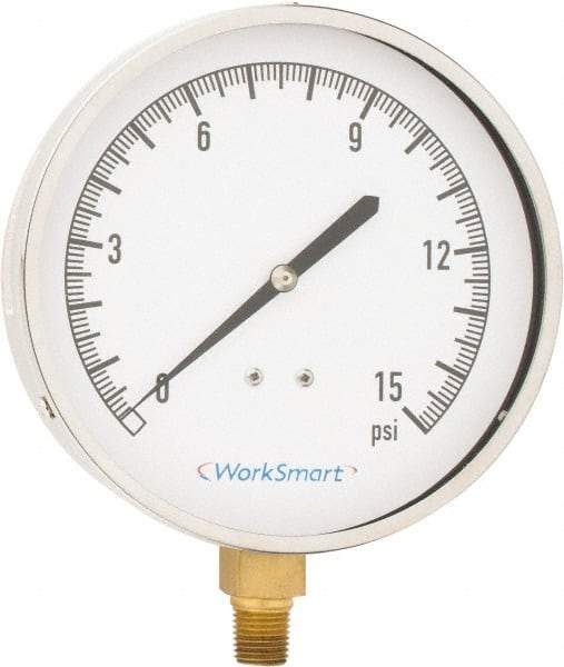 Value Collection - 4-1/2" Dial, 1/4 Thread, 0-15 Scale Range, Pressure Gauge - Lower Connection Mount, Accurate to 0.01% of Scale - Exact Industrial Supply