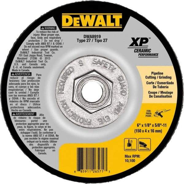 DeWALT - 24 Grit, 6" Wheel Diam, Type 27 Depressed Center Wheel - Coarse/Medium Grade, Ceramic, N Hardness, 10,100 Max RPM - Exact Industrial Supply