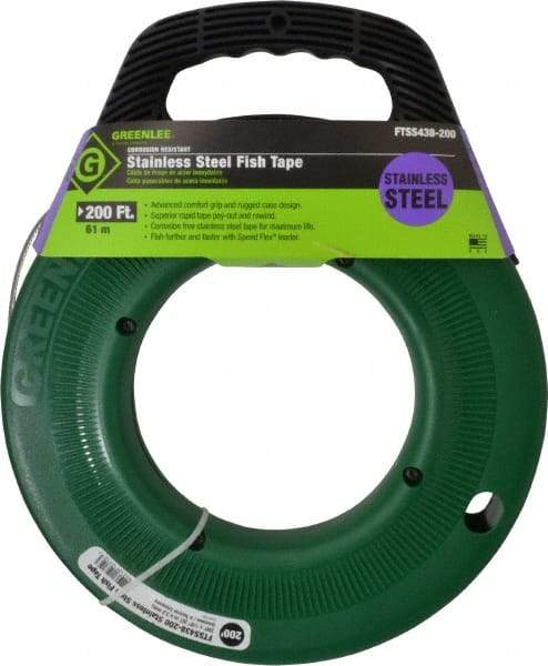 Greenlee - 200 Ft. Long x 1/8 Inch Wide, 0.045 Inch Thick, Stainless Steel Fish Tape - 400 Lb. Pulling Strength, Includes Case - Exact Industrial Supply