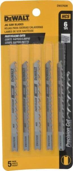 DeWALT - 4" Long, 6 Teeth per Inch, High Carbon Steel Jig Saw Blade - Toothed Edge, 1/4" Wide x 0.06" Thick, U-Shank - Exact Industrial Supply