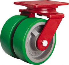 Hamilton - 6" Diam x 2" Wide x 7-3/4" OAH Top Plate Mount Swivel Caster - Polyurethane Mold onto Cast Iron Center, 2,400 Lb Capacity, Tapered Roller Bearing, 4-1/2 x 6-1/2" Plate - Exact Industrial Supply