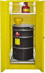 Securall Cabinets - 31" Wide x 31" Deep x 65" High, 18 Gauge Steel Vertical Drum Cabinet with 3 Point Key Lock - Yellow, Manual Closing Door, 1 Shelf, 1 Drum, Drum Rollers Included - Exact Industrial Supply