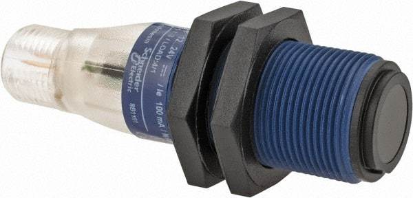 Telemecanique Sensors - 4 Pin M12 Connector, 15m Nominal Distance, Shock and Vibration Resistant, Through Beam Photoelectric Sensor - 12 to 24 VDC, 500 Hz, PBT, 2.36 Inch Long x 0.71 Inch Wide - Exact Industrial Supply