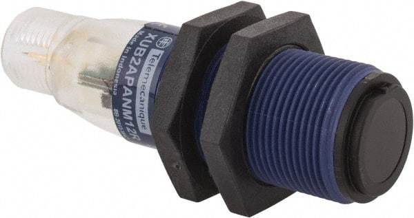 Telemecanique Sensors - 4 Pin M12 Connector, 15m Nominal Distance, Shock and Vibration Resistant, Through Beam Photoelectric Sensor - 12 to 24 VDC, 500 Hz, PBT, 2.36 Inch Long x 0.71 Inch Wide - Exact Industrial Supply