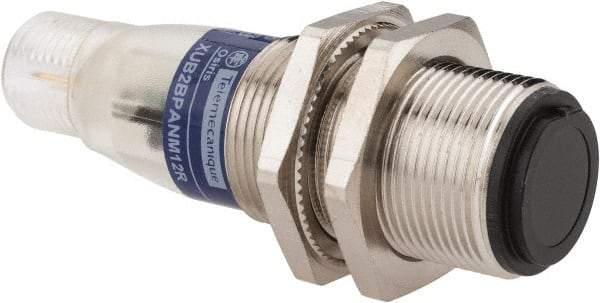 Telemecanique Sensors - 4 Pin M12 Connector, 15m Nominal Distance, Shock and Vibration Resistant, Through Beam Photoelectric Sensor - 12 to 24 VDC, 500 Hz, Nickel Plated Brass, 2.36 Inch Long x 0.71 Inch Wide - Exact Industrial Supply