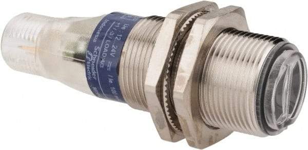 Telemecanique Sensors - 4 Pin M12 Connector, 0.1m Nominal Distance, Shock and Vibration Resistant, Diffused Photoelectric Sensor - 12 to 24 VDC, 500 Hz, Nickel Plated Brass, 2.36 Inch Long x 0.71 Inch Wide - Exact Industrial Supply