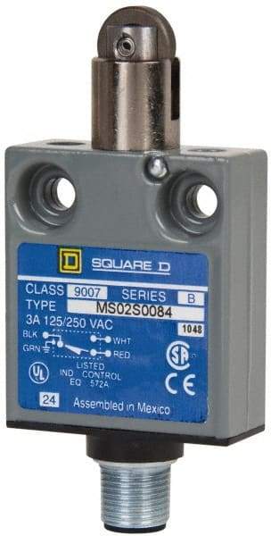 Square D - SPDT, NC/NO, Multiple VAC Levels, Prewired Terminal, Parallel Roller Plunger Actuator, General Purpose Limit Switch - 1, 2, 4, 6, 6P NEMA Rating, IP67 IPR Rating, Bushing Mount, 80 Ounce Operating Force - Exact Industrial Supply