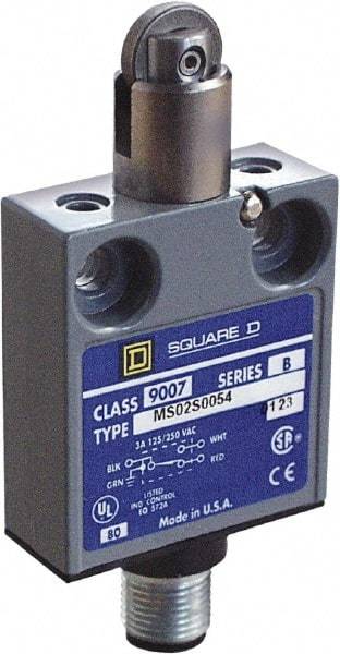 Square D - SPDT, NC/NO, Multiple VDC Levels, 4 Pin AC Micro Connector Terminal, Parallel Roller Plunger Actuator, General Purpose Limit Switch - 1, 2, 4, 6, 6P NEMA Rating, IP67 IPR Rating, 80 Ounce Operating Force - Exact Industrial Supply