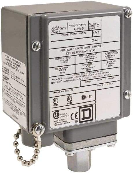 Square D - 4, 13 and 4X NEMA Rated, SPDT, 5 to 250 psi, Electromechanical Pressure and Level Switch - Adjustable Pressure, 125 VDC at 1.10 Amp, 1/4 Inch Connector, Screw Terminal, For Use with 9012G - Exact Industrial Supply