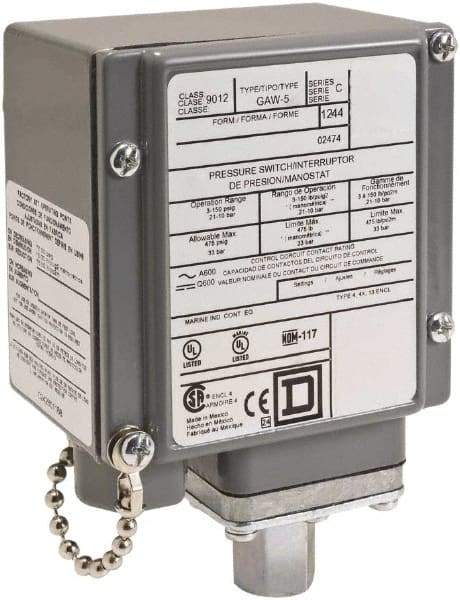 Square D - 4, 13 and 4X NEMA Rated, SPDT, 170 to 5,600 psi, Electromechanical Pressure and Level Switch - Fixed Pressure, 120 VAC at 6 Amp, 125 VDC at 0.22 Amp, 240 VAC at 3 Amp, 250 VDC at 0.27 Amp, 1/4 Inch Connector, Screw Terminal, For Use with 9012G - Exact Industrial Supply