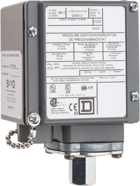 Square D - 4, 13 and 4X NEMA Rated, SPDT-DB, 1 to 40 psig, Electromechanical Pressure and Level Switch - Exact Industrial Supply