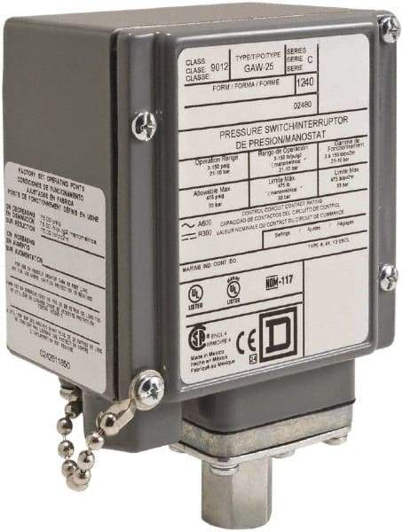 Square D - 4, 13 and 4X NEMA Rated, DPDT, 1.5 to 75 psi, Electromechanical Pressure and Level Switch - Fixed Pressure, 120 VAC at 6 Amp, 125 VDC at 0.22 Amp, 240 VAC at 3 Amp, 250 VDC at 0.11 Amp, 1/4 Inch Connector, Screw Terminal, For Use with 9012G - Exact Industrial Supply