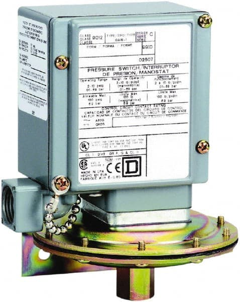 Square D - 4, 13 and 4X NEMA Rated, DPDT, 0.2 to 10 psi, Electromechanical Pressure and Level Switch - Exact Industrial Supply