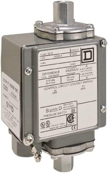 Square D - 4, 13 and 4X NEMA Rated, SPDT, 175 psi, Electromechanical Pressure and Level Switch - Adjustable Pressure, 120 VAC at 6 Amp, 125 VDC at 0.22 Amp, 240 VAC at 3 Amp, 250 VDC at 0.27 Amp, 1/4 Inch Connector, Screw Terminal, For Use with 9012G - Exact Industrial Supply