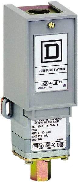 Square D - 1 NEMA Rated, SPDT, 90 to 2,000 psi, Electromechanical Pressure and Level Switch - Adjustable Pressure, 120 VAC at 6 Amp, 125 VDC at 0.22 Amp, 240 VAC at 3 Amp, 250 VDC at 0.27 Amp, 1/4 Inch Connector, Screw Terminal, For Use with 9012G - Exact Industrial Supply